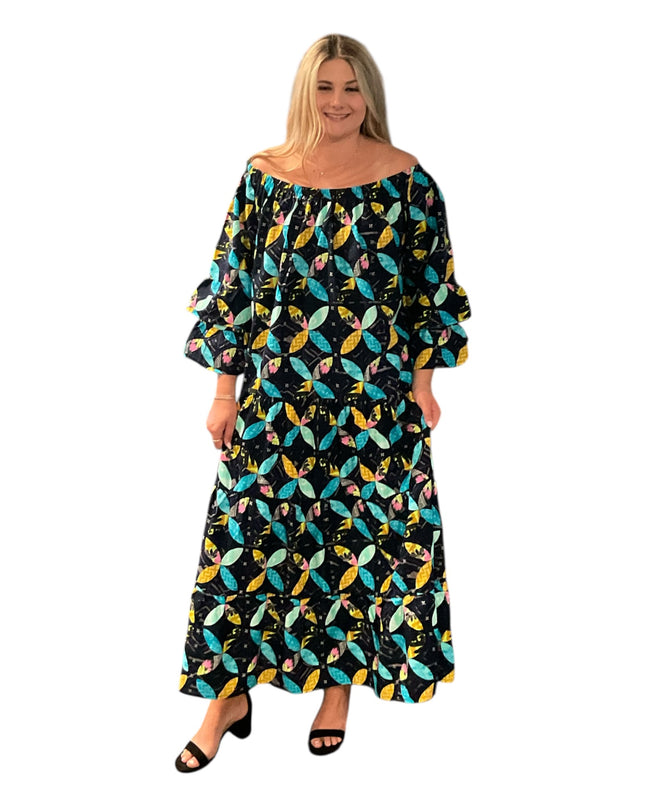 Cotton elastic neckline maxi dress