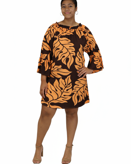 Tropical Leaf Off-Shoulder Mini Dress - Orange & Brown