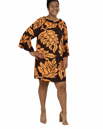Tropical Leaf Off-Shoulder Mini Dress - Orange & Brown
