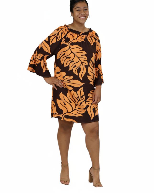 Tropical Leaf Off-Shoulder Mini Dress - Orange & Brown