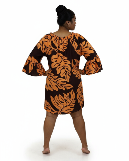 Tropical Leaf Off-Shoulder Mini Dress - Orange & Brown