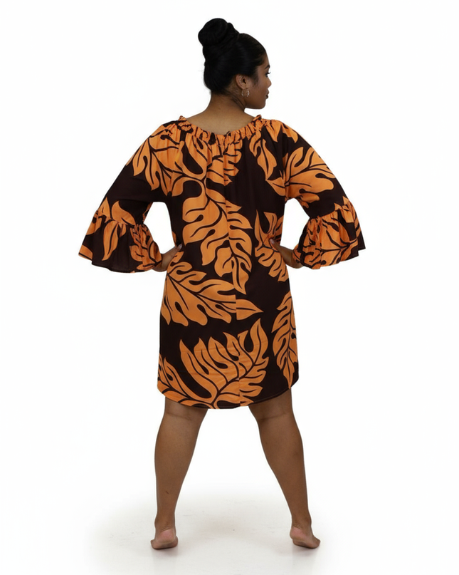 Tropical Leaf Off-Shoulder Mini Dress - Orange & Brown