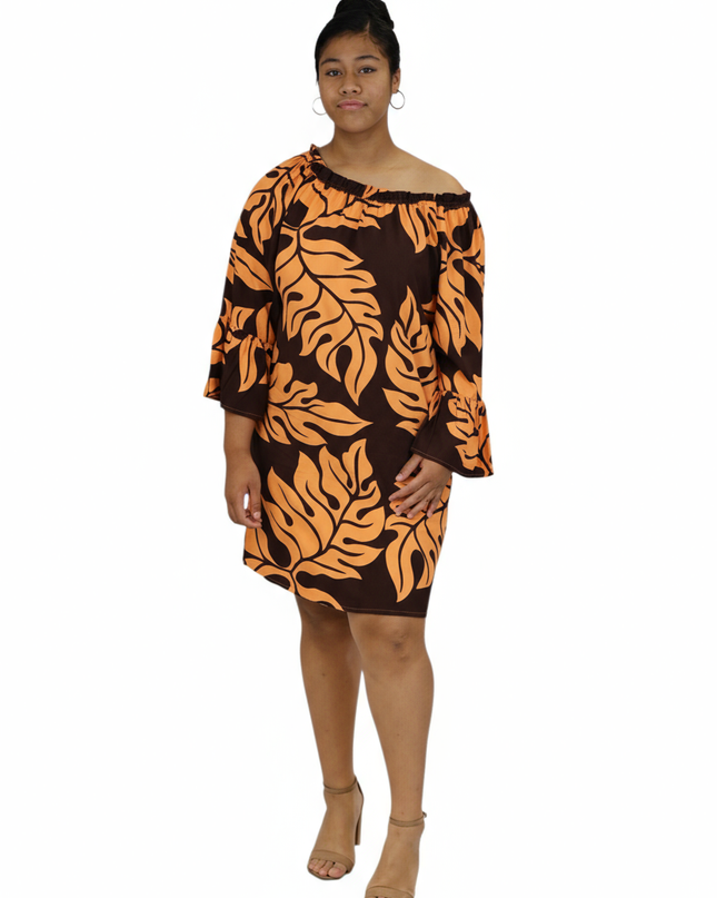 Tropical Leaf Off-Shoulder Mini Dress - Orange & Brown