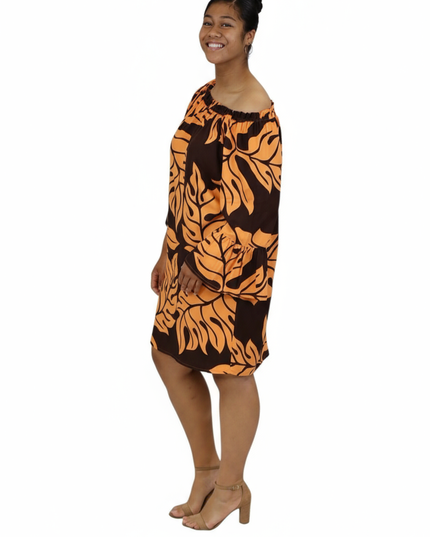 Tropical Leaf Off-Shoulder Mini Dress - Orange & Brown
