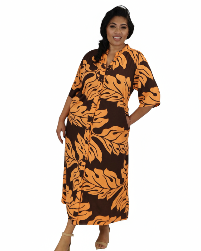 Rayon Long Shirt Dress - Orange & Brown Leaf Print