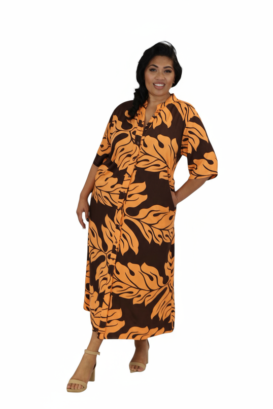 Rayon Long Shirt Dress - Orange & Brown Leaf Print
