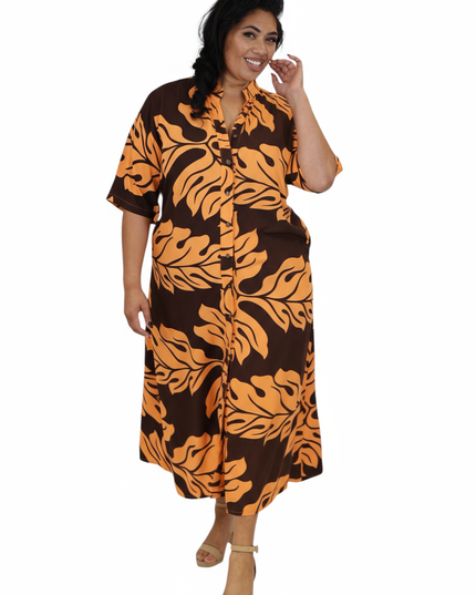 Rayon Long Shirt Dress - Orange & Brown Leaf Print