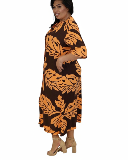 Rayon Long Shirt Dress - Orange & Brown Leaf Print