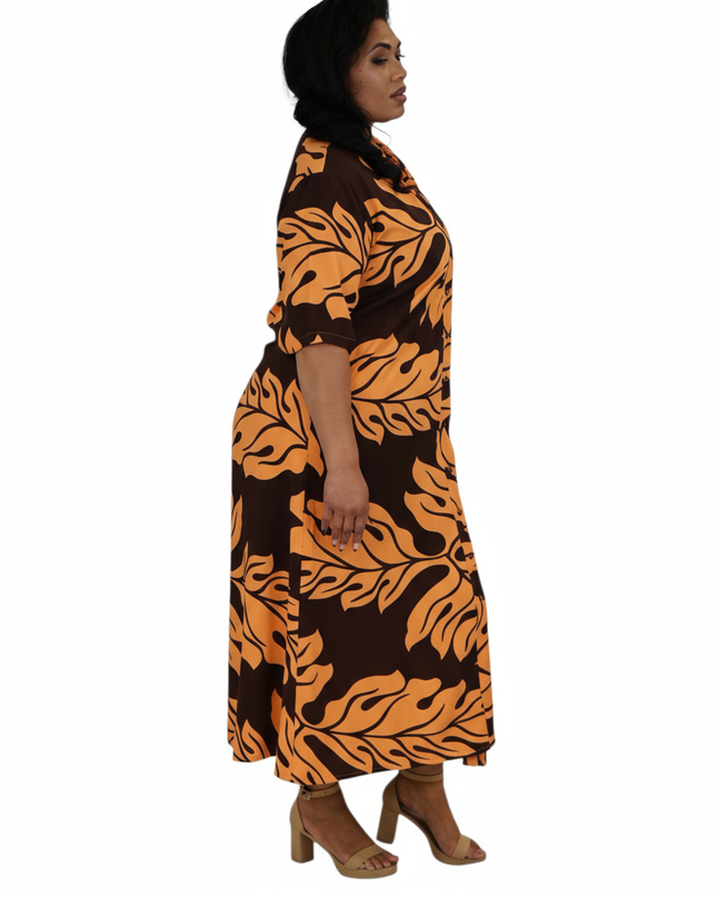 Rayon Long Shirt Dress - Orange & Brown Leaf Print