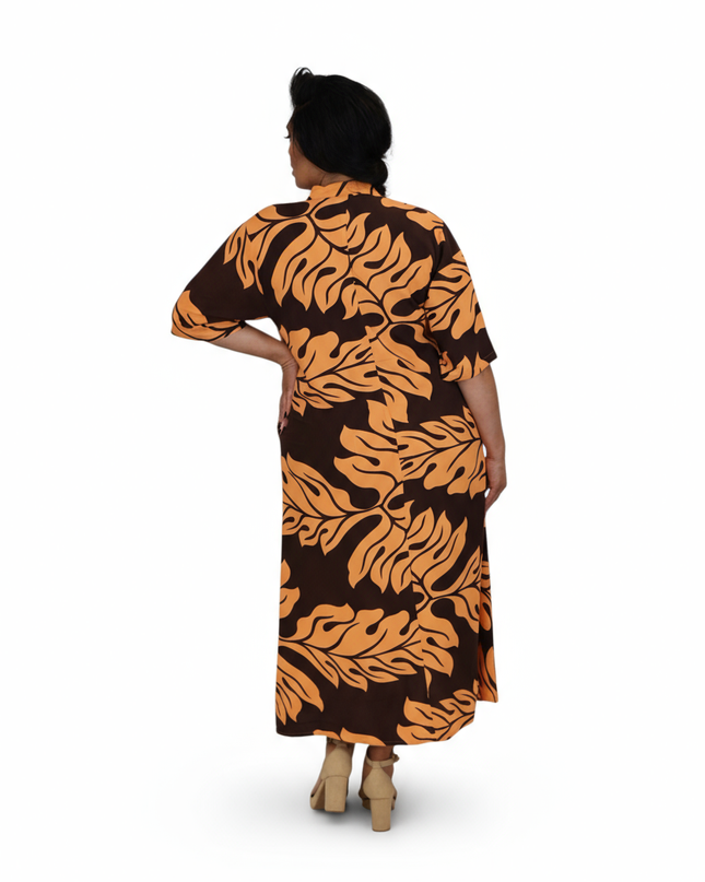 Rayon Long Shirt Dress - Orange & Brown Leaf Print