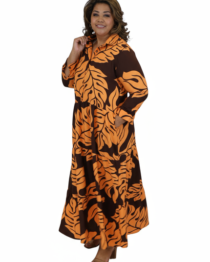 Rayon Tiered Shirt Dress-Orange & Brown Leaf Print
