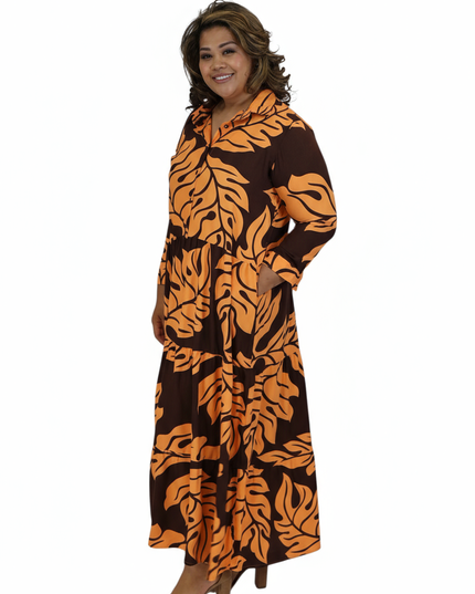 Rayon Tiered Shirt Dress-Orange & Brown Leaf Print
