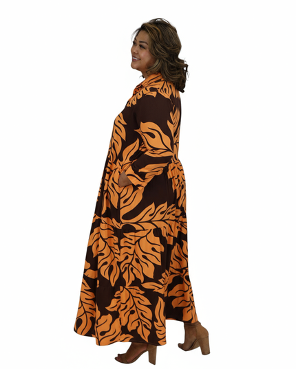Rayon Tiered Shirt Dress-Orange & Brown Leaf Print