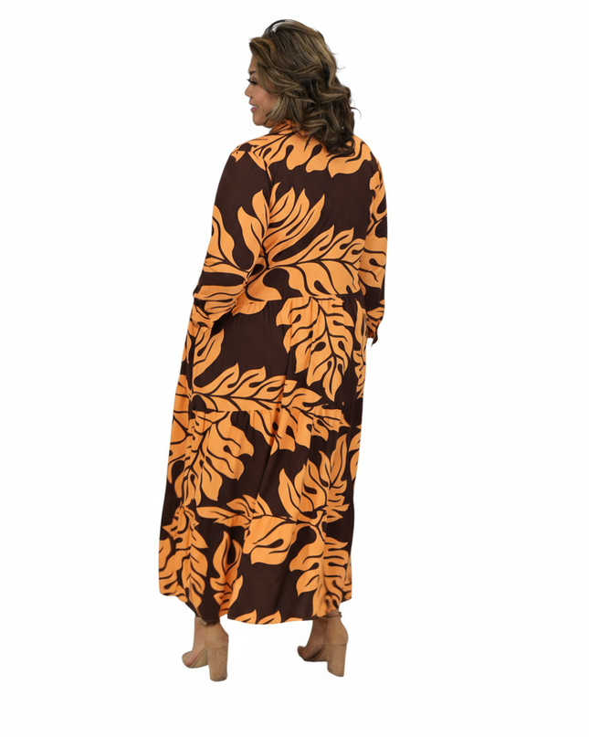 Rayon Tiered Shirt Dress-Orange & Brown Leaf Print