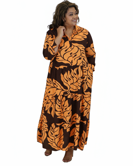 Rayon Tiered Shirt Dress-Orange & Brown Leaf Print