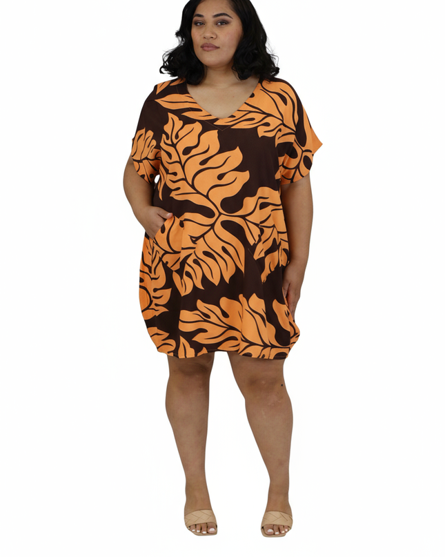 Rayon V-Neck Short Dress - Orange & Brown Leaf Print