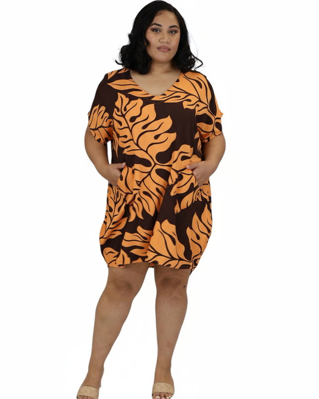 Rayon V-Neck Short Dress - Orange & Brown Leaf Print