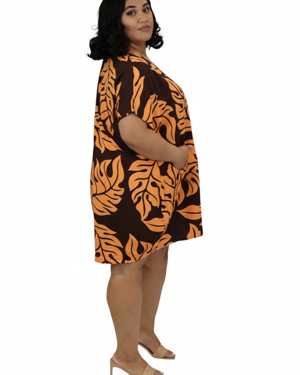 Rayon V-Neck Short Dress - Orange & Brown Leaf Print