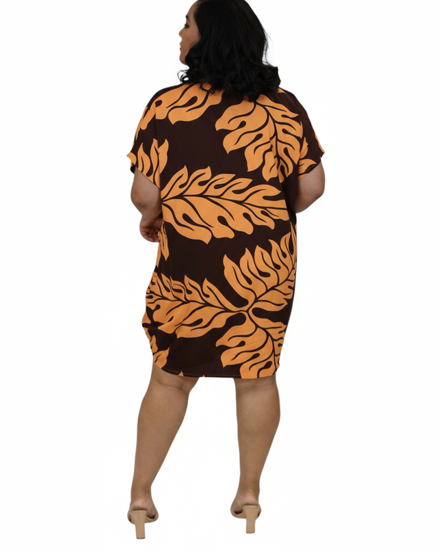 Rayon V-Neck Short Dress - Orange & Brown Leaf Print