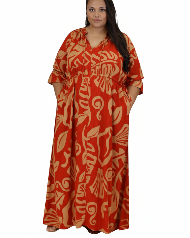Rayon Maxi Dress-Red & Beige Island Print