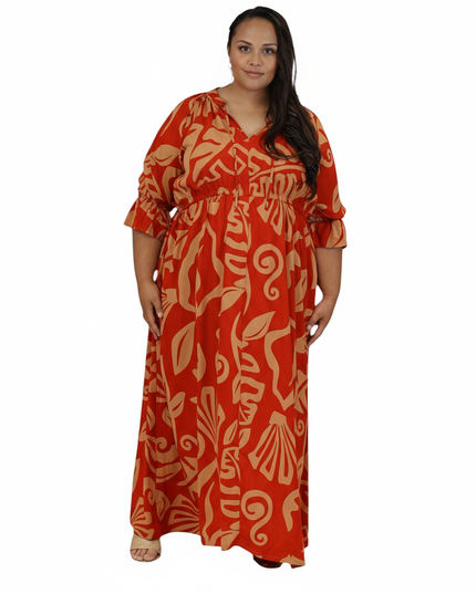 Rayon Maxi Dress-Red & Beige Island Print