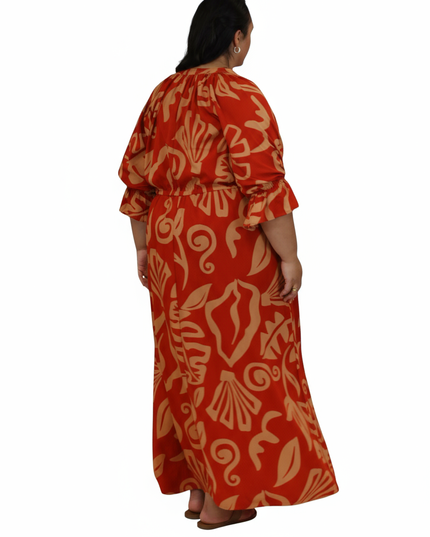Rayon Maxi Dress-Red & Beige Island Print