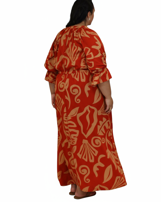 Rayon Maxi Dress-Red & Beige Island Print
