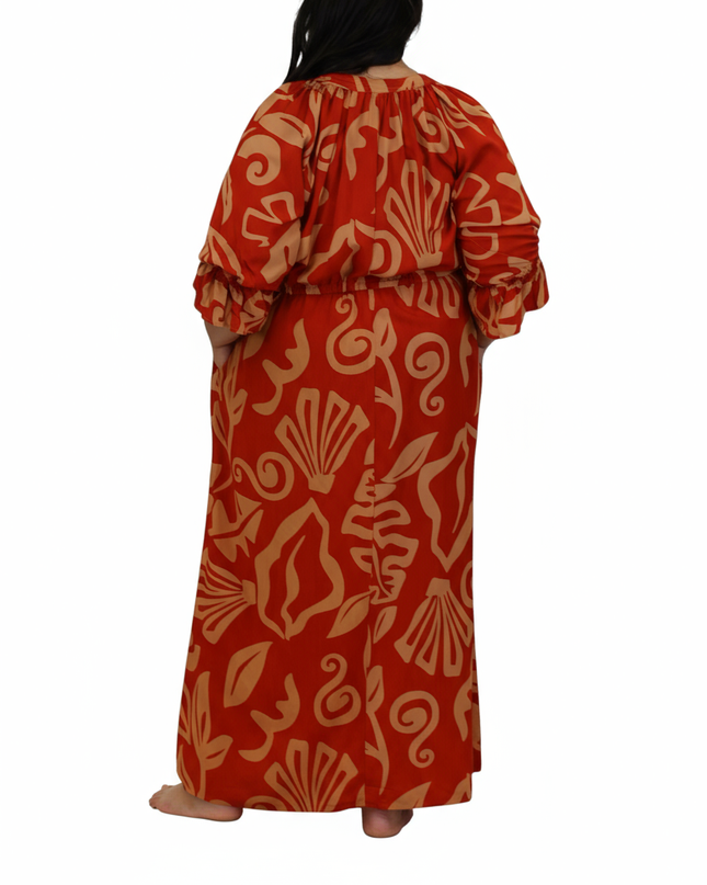 Rayon Maxi Dress-Red & Beige Island Print