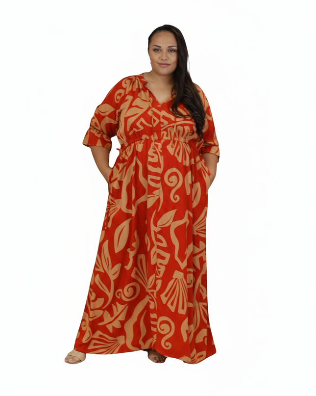 Rayon Maxi Dress-Red & Beige Island Print