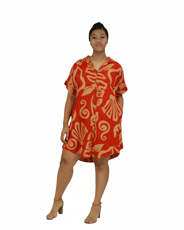 Rayon Short Shirt Dress - Red & Beige Island Print