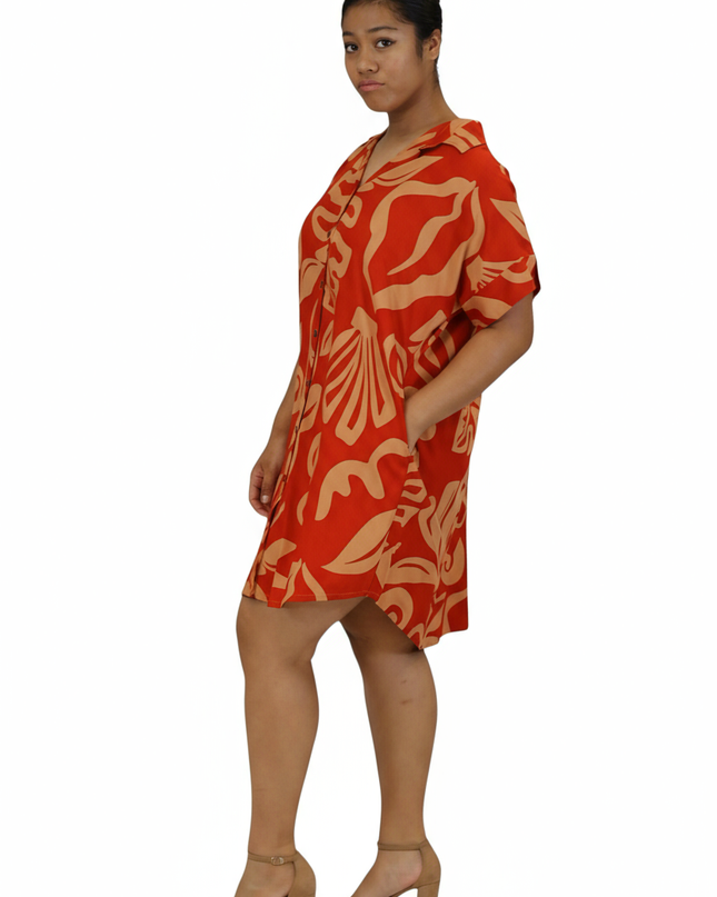 Rayon Short Shirt Dress - Red & Beige Island Print
