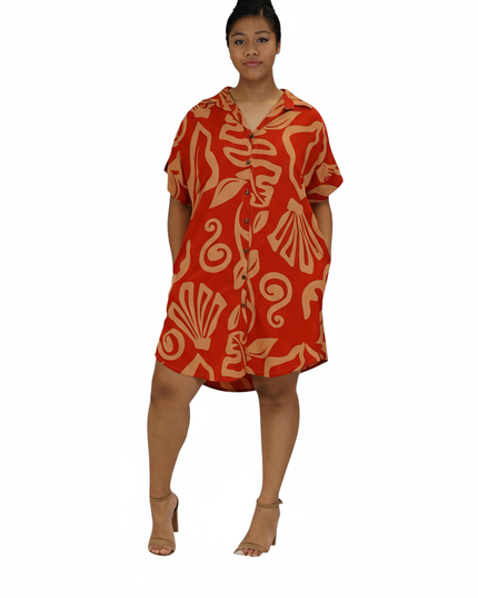 Rayon Short Shirt Dress - Red & Beige Island Print