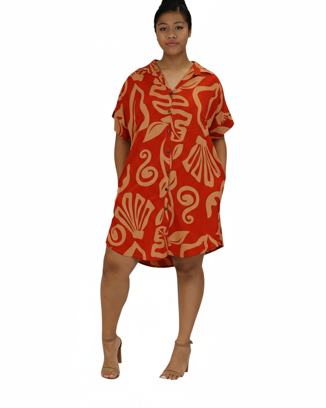 Rayon Short Shirt Dress - Red & Beige Island Print