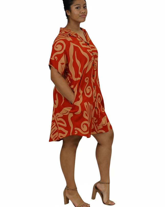 Rayon Short Shirt Dress - Red & Beige Island Print