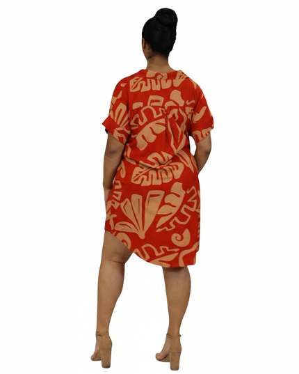 Rayon Short Shirt Dress - Red & Beige Island Print