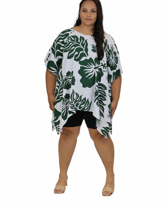 Rayon Poncho Top-Green Hibiscus Print on White