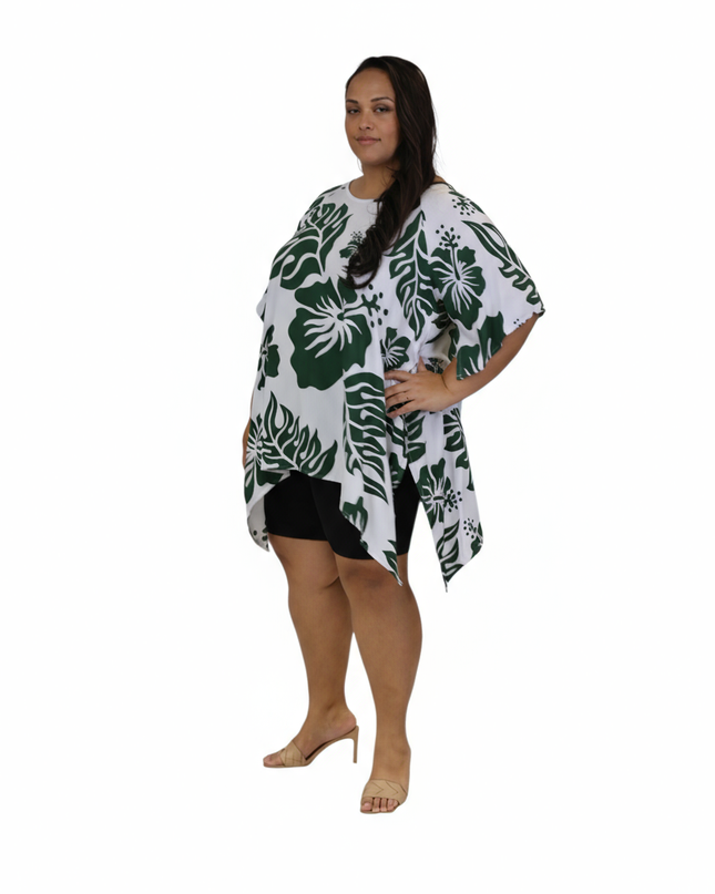 Rayon Poncho Top-Green Hibiscus Print on White