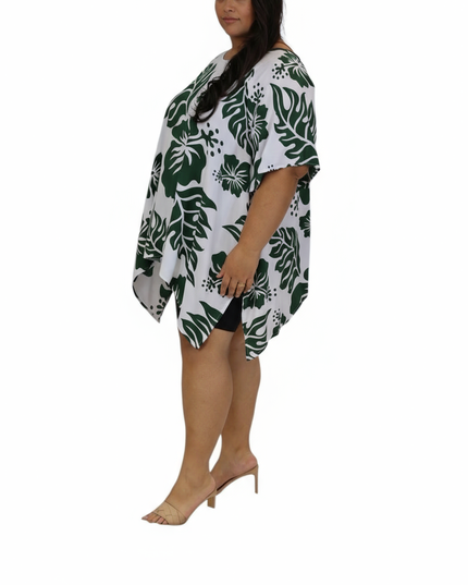 Rayon Poncho Top-Green Hibiscus Print on White