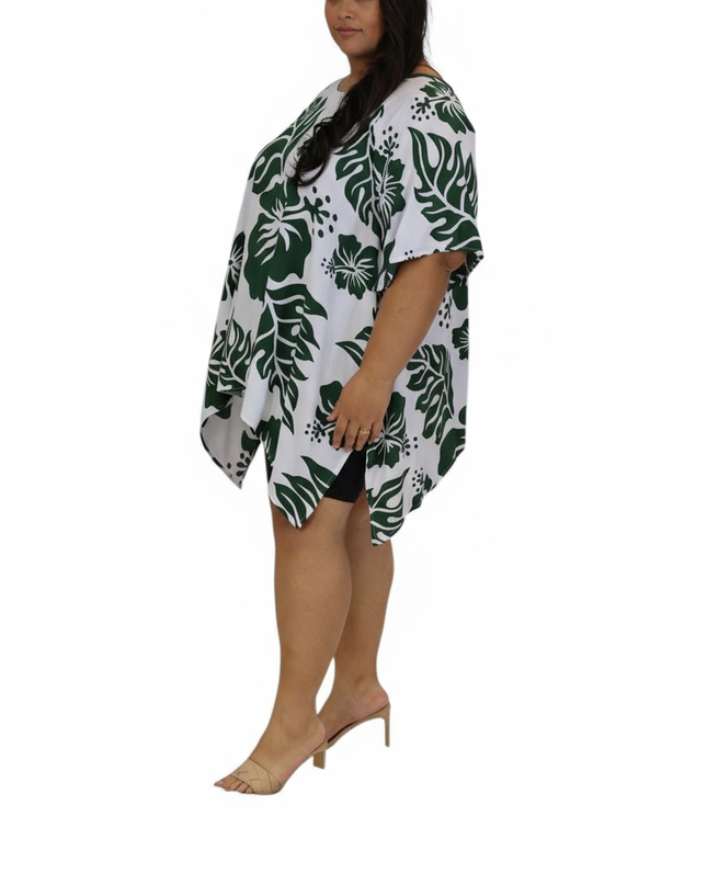 Rayon Poncho Top-Green Hibiscus Print on White