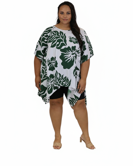 Rayon Poncho Top-Green Hibiscus Print on White