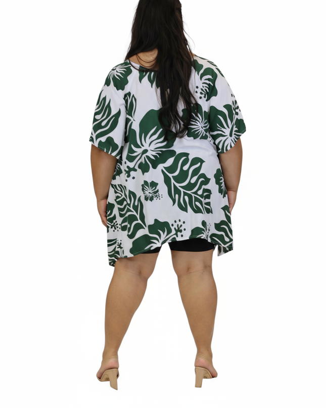 Rayon Poncho Top-Green Hibiscus Print on White