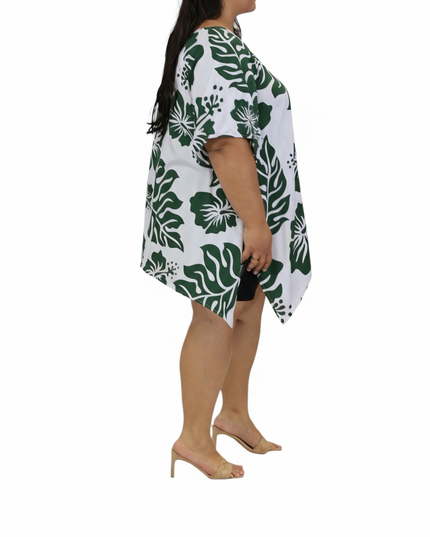 Rayon Poncho Top-Green Hibiscus Print on White