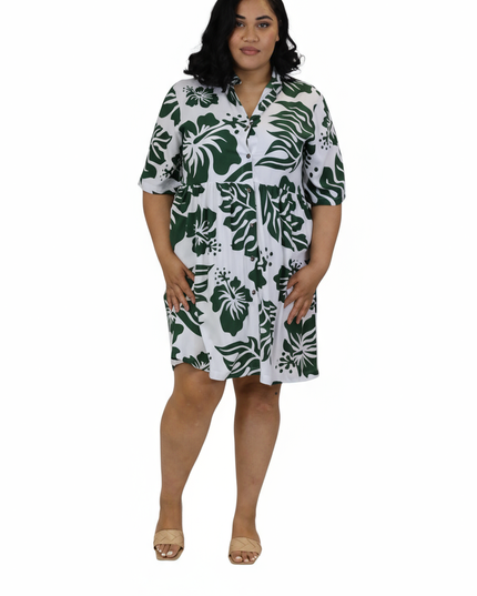 Rayon Short Dress - Green Hibiscus Print on White