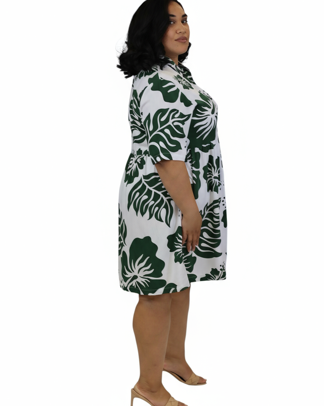 Rayon Short Dress - Green Hibiscus Print on White