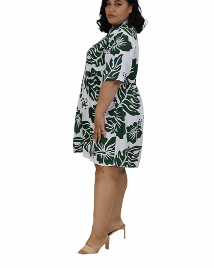 Rayon Short Dress - Green Hibiscus Print on White