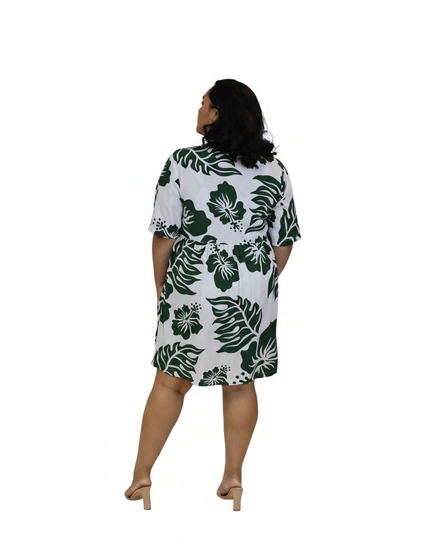 Rayon Short Dress - Green Hibiscus Print on White