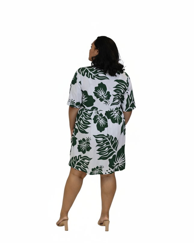 Rayon Short Dress - Green Hibiscus Print on White