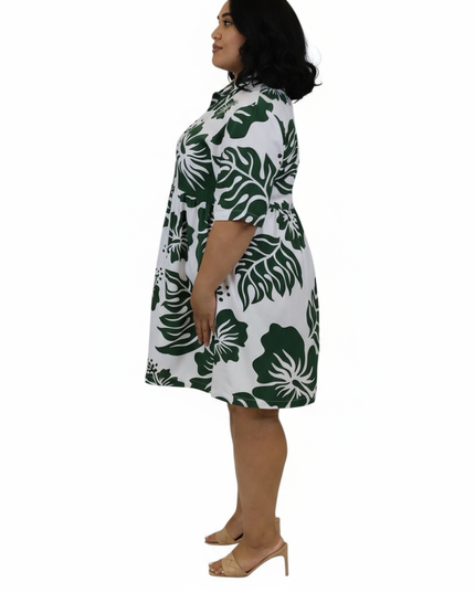 Rayon Short Dress - Green Hibiscus Print on White