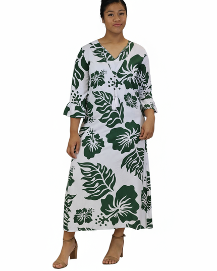 Rayon Long Dress-Green Hibiscus Print on White