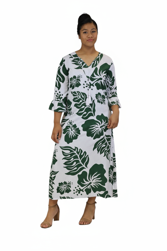 Rayon Long Dress-Green Hibiscus Print on White